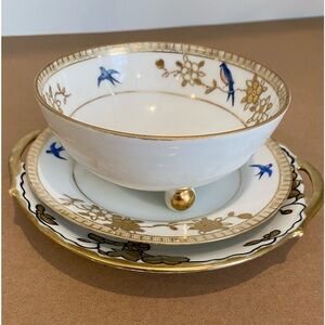 Vtg Nippon Hand Painted Small Bowl Saucer and Dessert Plate Gold Blue Birds